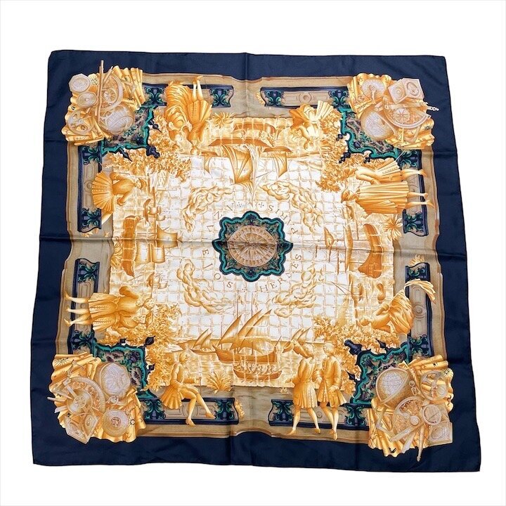 超美品 HERMES エルメス カレ90 アズレージョ AZULEJOS シルク 大判 スカーフ ストール 小物 ブラック イエロー レディース c207