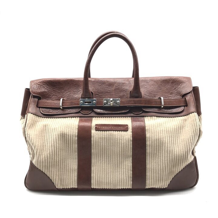 良品 Brunello Cucinelli ブルネロクチネリ ウィークエンダー カントリー バッグ ハンド ボストン レザー コーデュロイ 旅行鞄 a11938