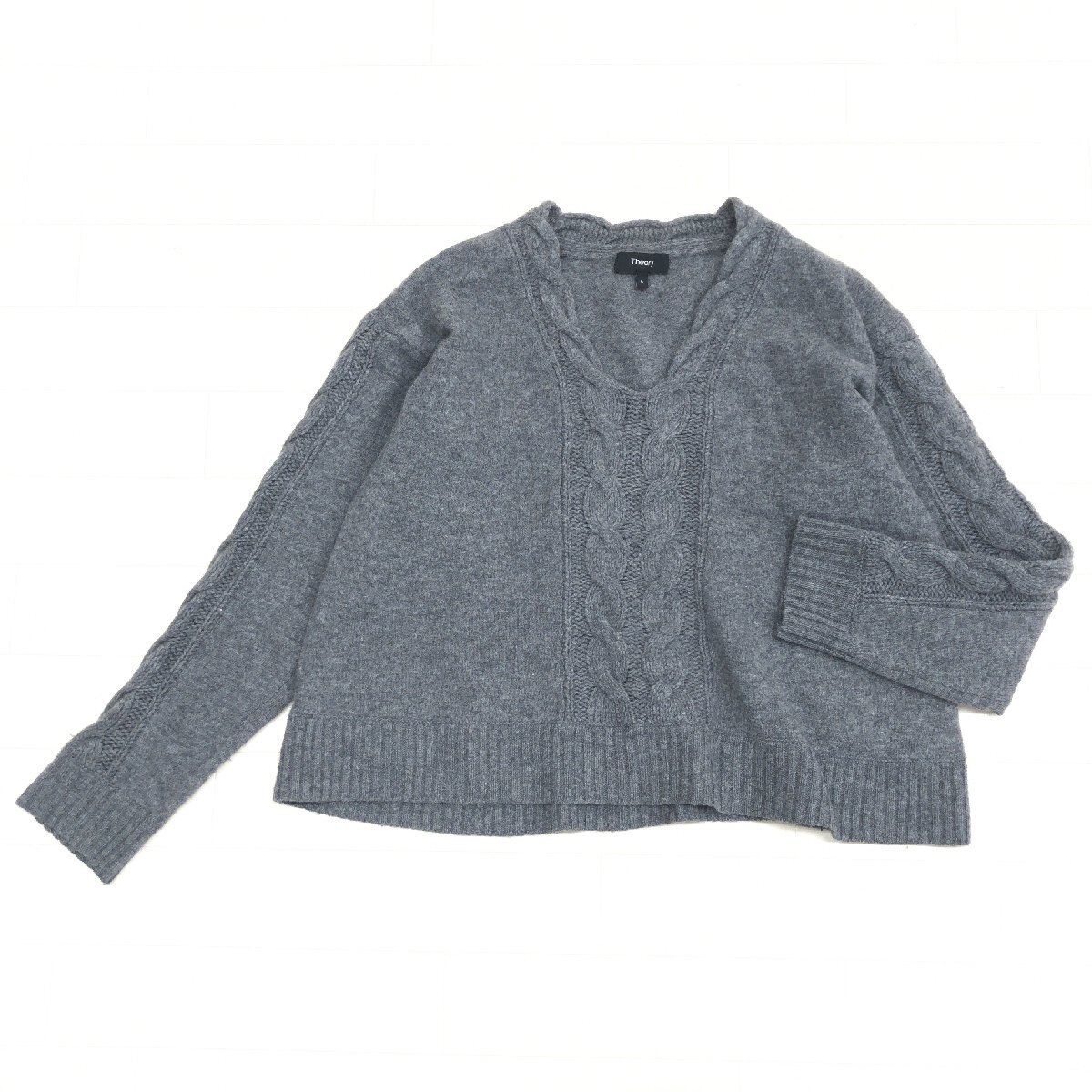 ●Theory セオリー ウール カシミヤ Ｖネック ケーブルニット セーター S グレー プルオーバー カットソー レディース 婦人 カシミア