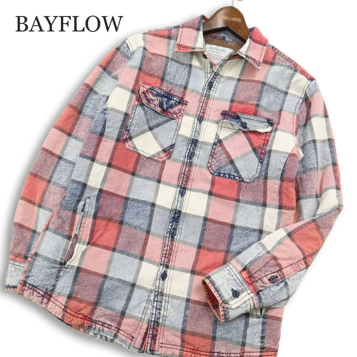 BAYFLOW ベイフロー 秋冬 裏ボア★ ウォッシュ加工 長袖 インディゴ ワーク チェック シャツ Sz.2 メンズ