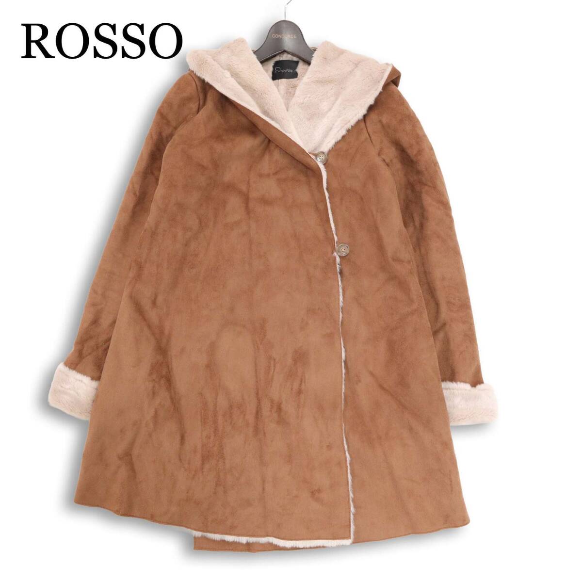 ROSSO ロッソ 秋冬 フェイク ムートン★ スウェード フードディー コート Sz.FREE レディース キャメル