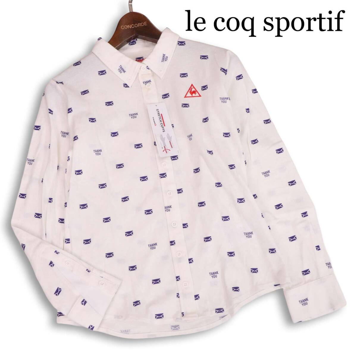 【新品 未使用】 le coq sportif GOLF ルコック ゴルフ 通年 レター柄 総柄♪ 長袖 BD 鹿の子 シャツ Sz.M レディース