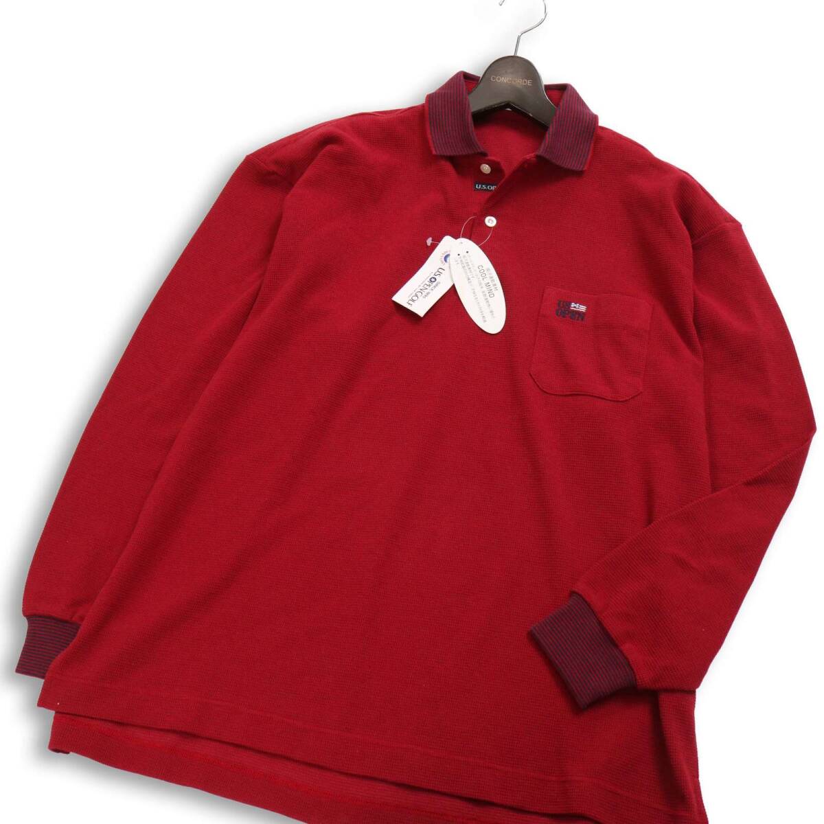 【新品 未使用】 U.S. OPEN GOLF ユーエスオープンゴルフ 通年 ロゴ刺繍★ 吸汗速乾 長袖 ポロシャツ Sz.L メンズ 赤