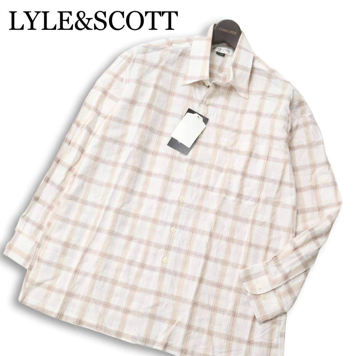 未使用★ LYLE&SCOTT ライル＆スコット 春夏 麻 リネン混 ロゴ刺繍 長袖 チェック シャツ Sz.L メンズ