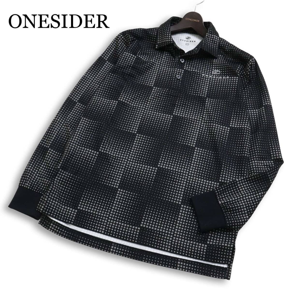 【美品】ONESIDER ワンサイダー ゴルフ 通年★ 格子 グリッド チェック 長袖 ポロシャツ Sz.L メンズ 黒