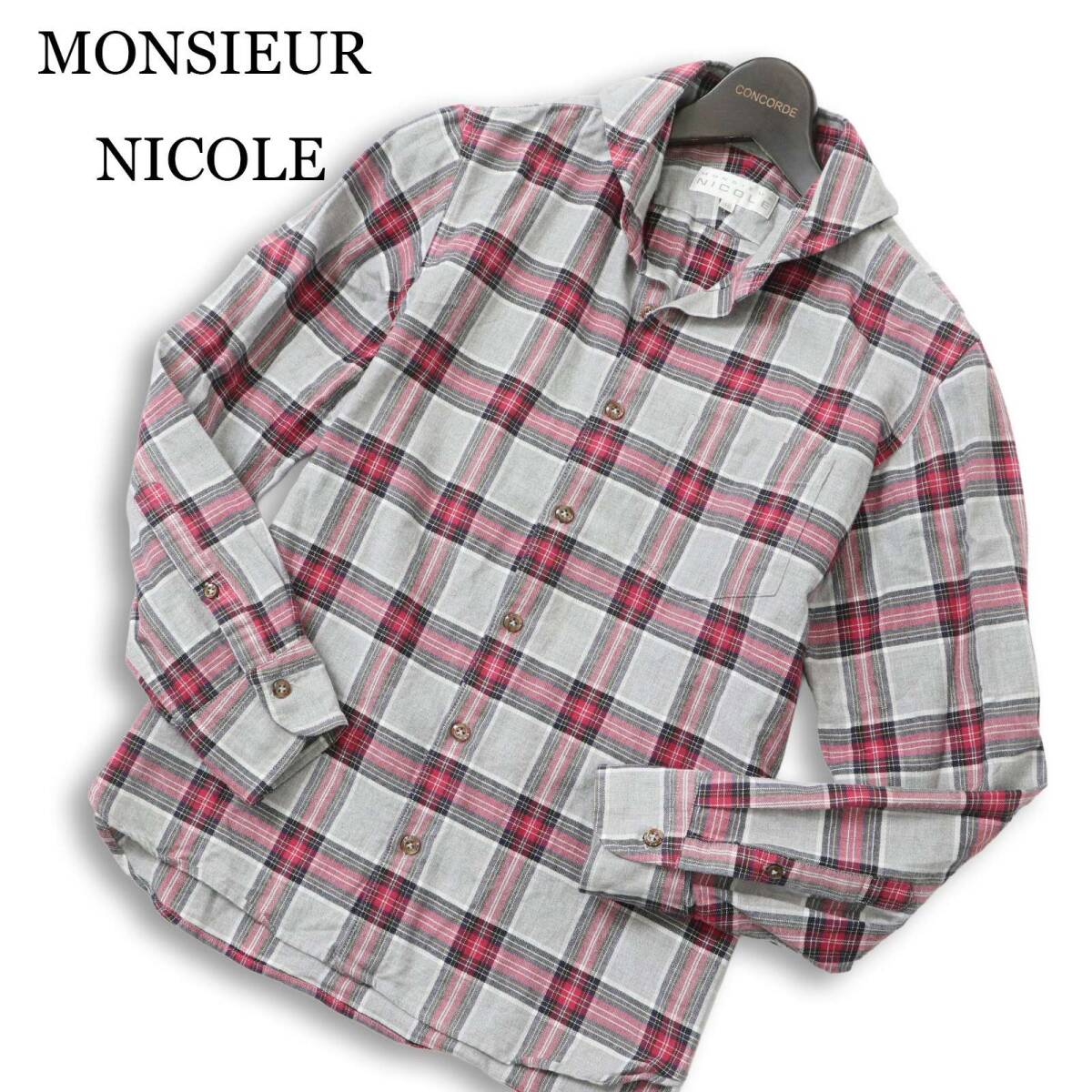 MONSIEUR NICOLE ムッシュ ニコル 通年★ 長袖 チェック スリム シャツ Sz.46 メンズ