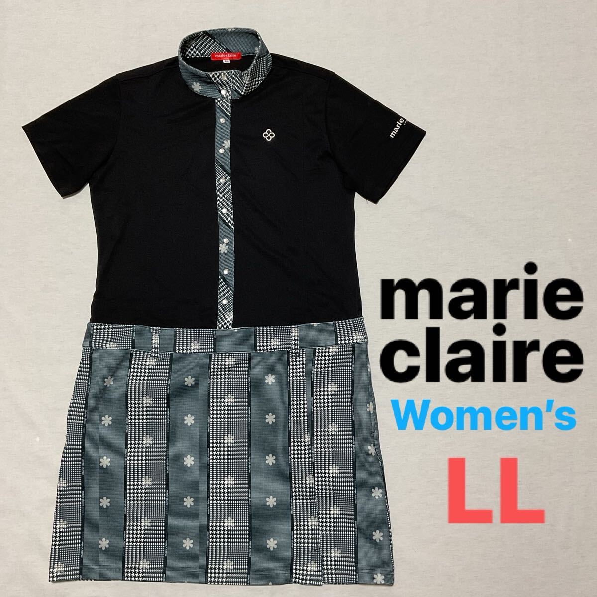 【超美品】 marie claire マリクレール レディースLL ゴルフワンピース　ワンピース ゴルフウェア ネイビー　ギンガム　千鳥格子　濃紺