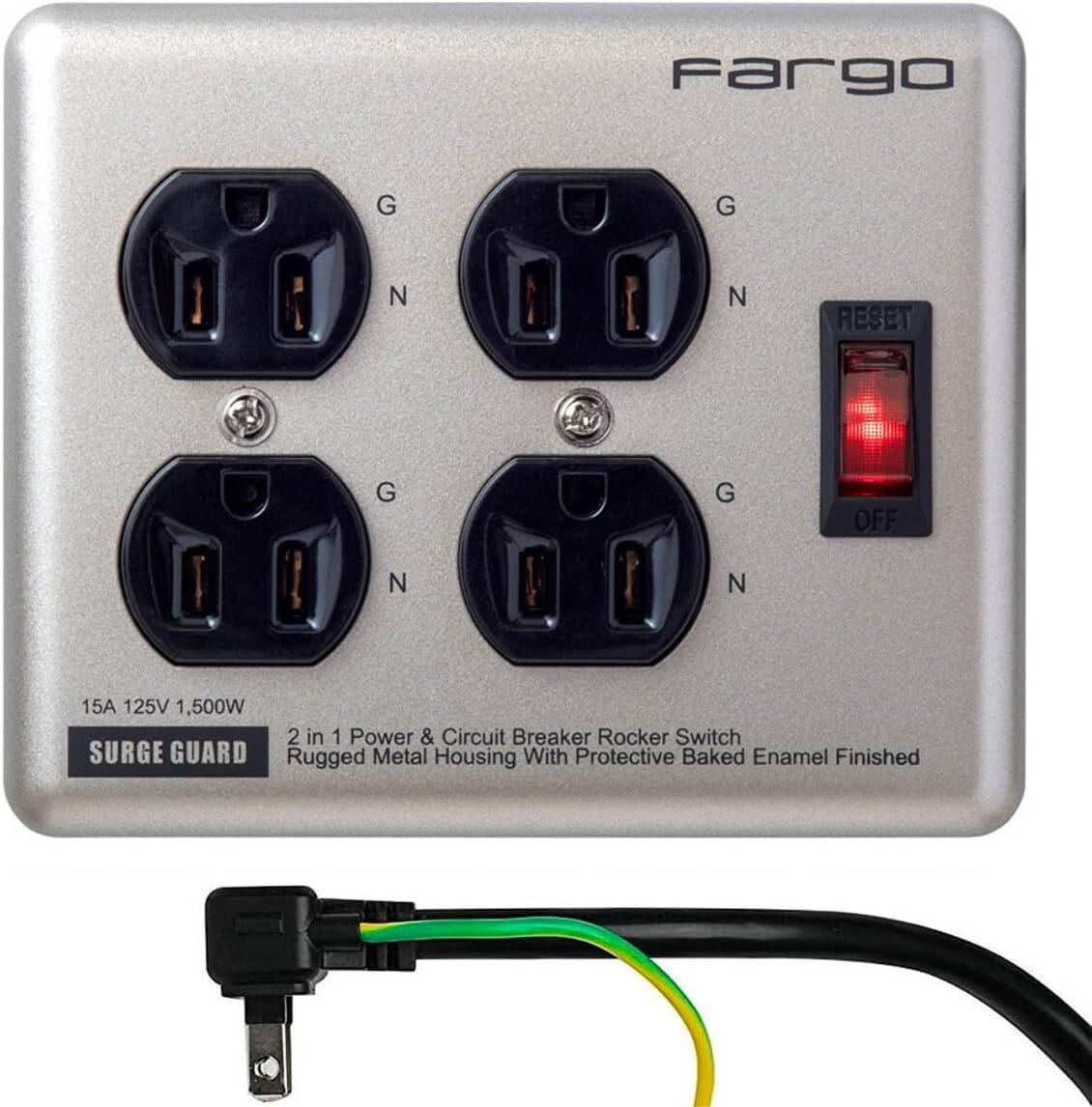 【新品】 Fargo STEEL TAP 電源タップ スチール製 3ピン対応 アース線付き コード 壁掛け 固定 (シルバー, 4個口1.8m)