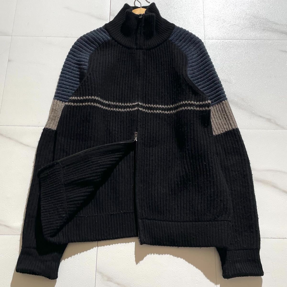 極美品◆MARTIN MARGIELA ドライバーズニット ジャケット カーディガン ブルゾン ジップ ファスナー ウール ブラック マルタンマルジェラ