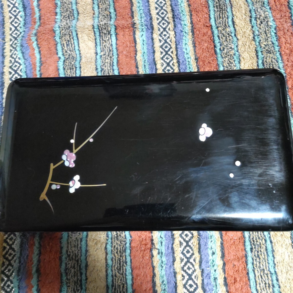 【高岡漆器】螺鈿 青貝塗 蓋付文箱 約30cm 伝統工芸 使用品 黒 螺鈿細工 漆塗り 漆器 昭和レトロ