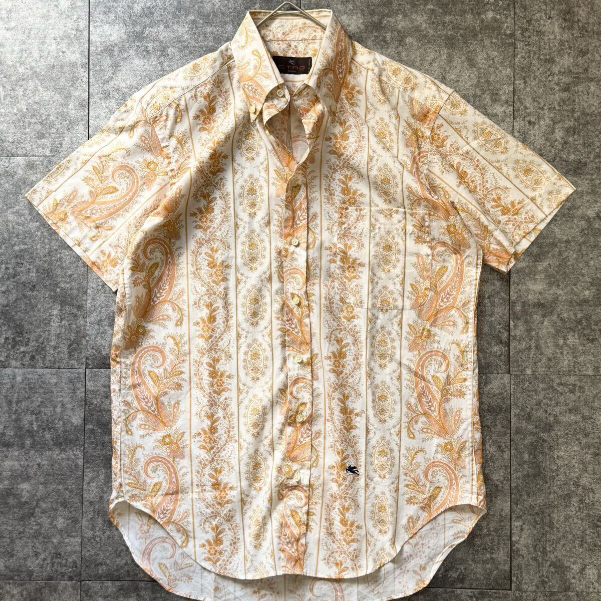 美品◎エトロ ETRO ペイズリー 総柄 半袖シャツ 羽織り ペガサスロゴ刺繍 ロゴボタン オレンジ系 色気 アロハ メンズ サマー イタリア製 39