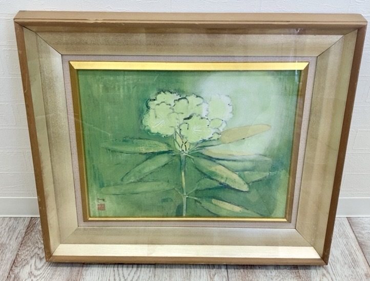 ●【サインあり】コレクション 作品名不明 野上魏 日本画 絵画 風景画 インテリア 額装 緑 箱付き アート 花柄 肉筆