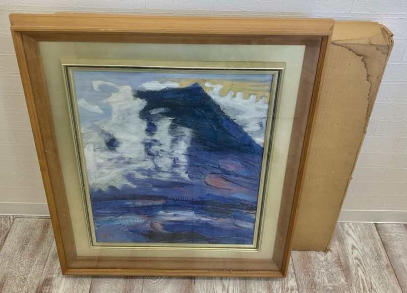 ●【サインあり】野上魏 作品名不明 日本画 絵画 風景画 インテリア 額装 青 山 コレクション 箱付き アート 肉筆
