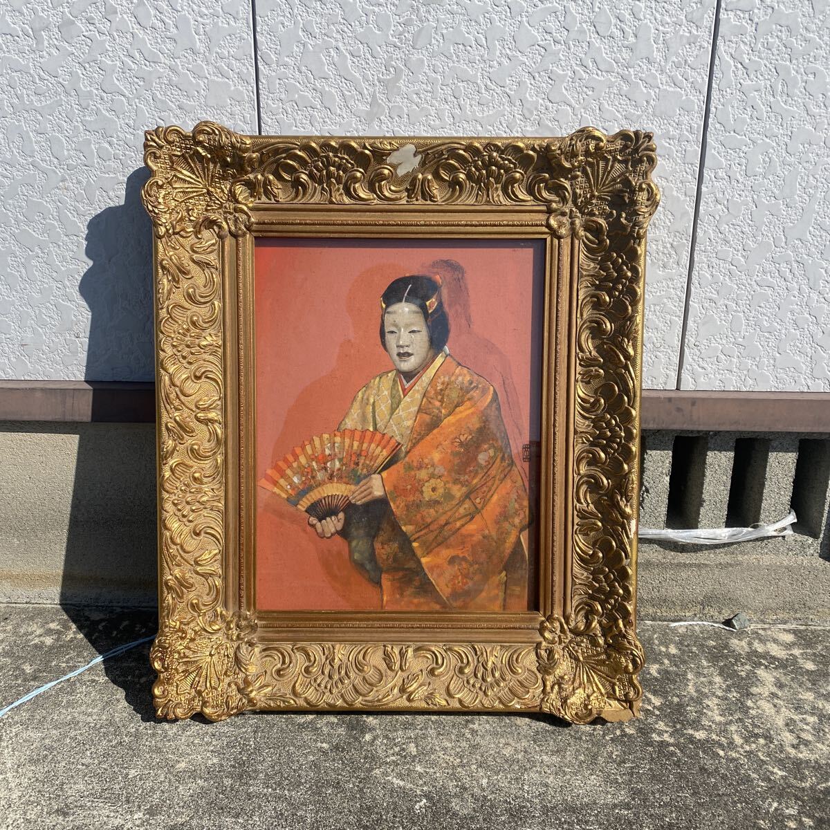 真作保証　能英樹　油彩　油絵　能面　歌舞伎　狂言　能　額装　額縁　作家　在銘　絵画　美術　舞妓　骨董品　古美術品【23】