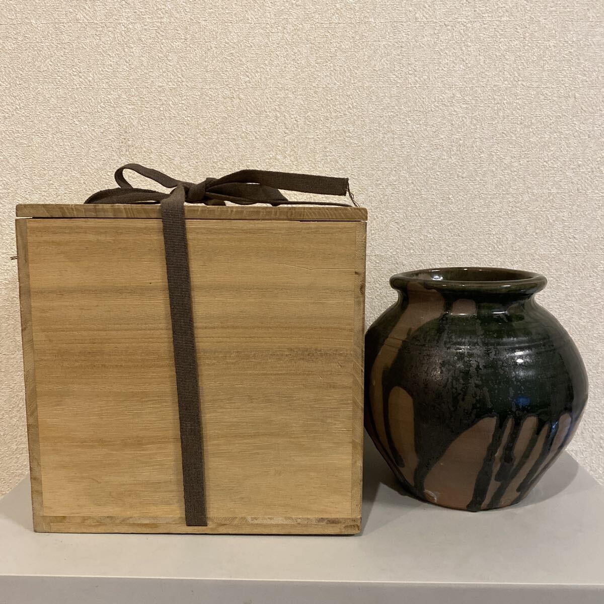旧家整理品 織部焼 織部 壺 壷 花瓶 北大路魯山人 魯山人 花器 花入 時代 時代物 古陶磁 名工 箱 骨董品 古美術品【24】