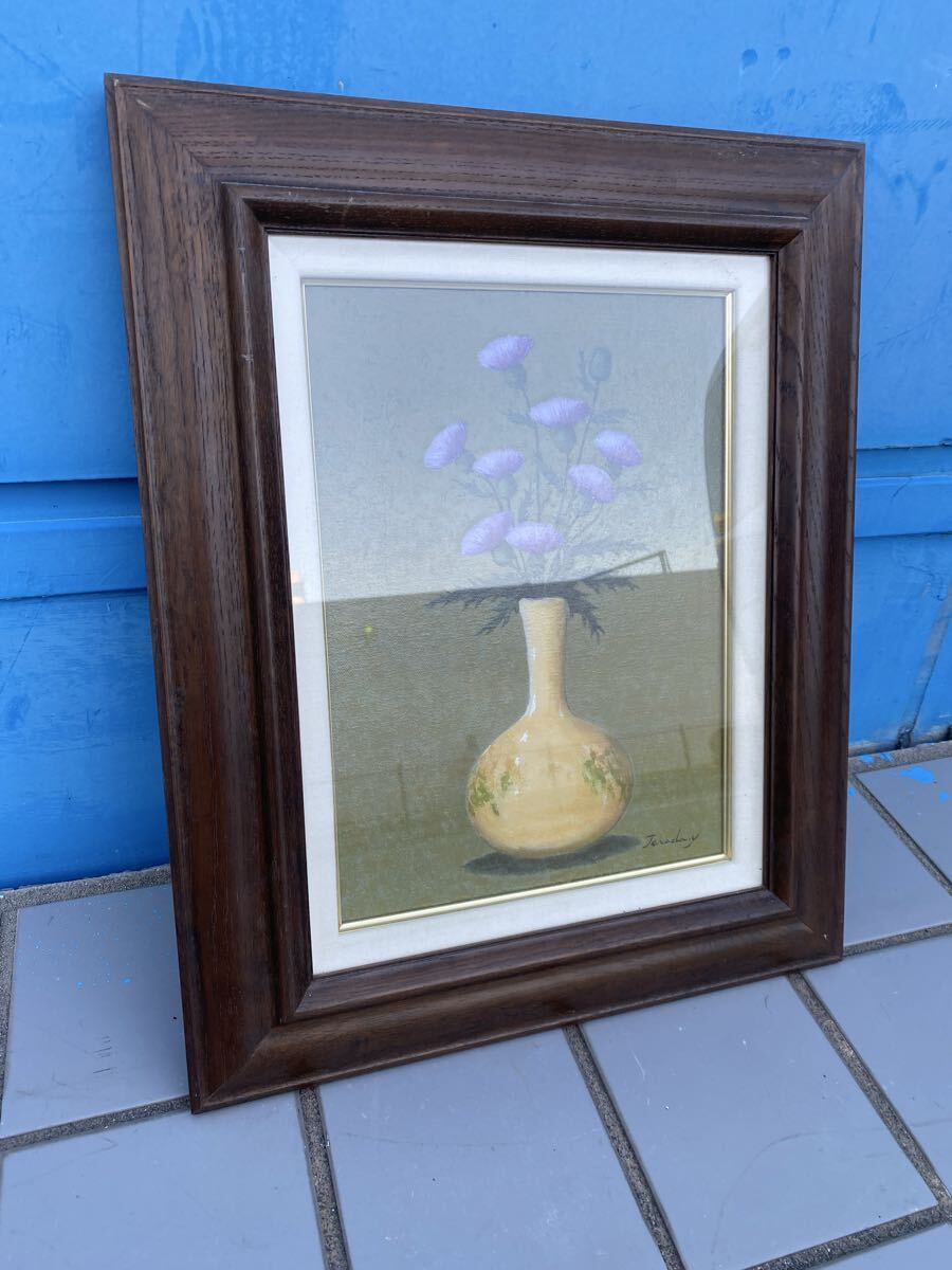 真作保証 あざみ 画家 寺田ゆう 絵画 絵 油彩 油絵 自然画 静物画 花 額装 額縁 作家 骨董品 古美術品【214】