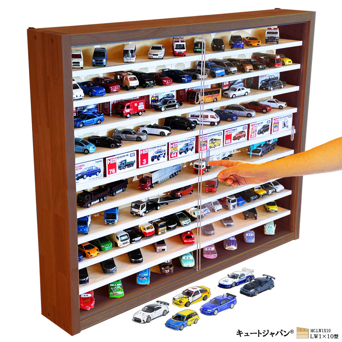 ★値下げ！送料無料★木製ミニカーケース コレクション 収納棚 トミカ ホットウィール 京商 アクリル障子付 マホガニ色塗装 日本製