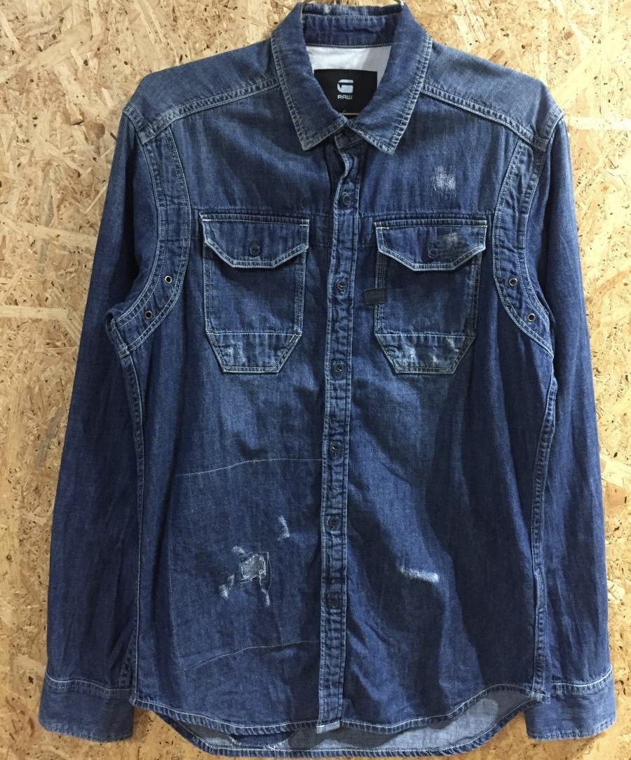 G-STAR RAW RESTORED DENIM 長袖 シャツ S インディゴ デニム ジー スター ダメージ リペア