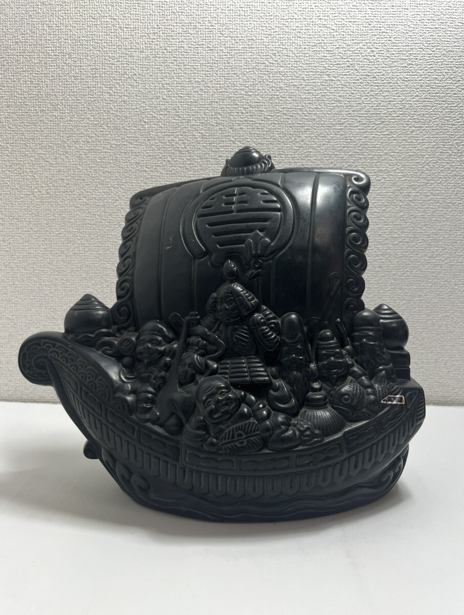 「送料無料」那智黒石 七福神 宝船 置物 彫刻 縁起物 開運 飾石 天然石 幅36cm 重さ12kg 那智山 伝統工芸