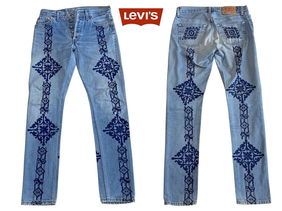 【F】リーバイス Levis 501 リメイク ジーンズ デニム ボタンフライ ペイント W30 L32 古着 現状品 ③★flok/2568★ee7022
