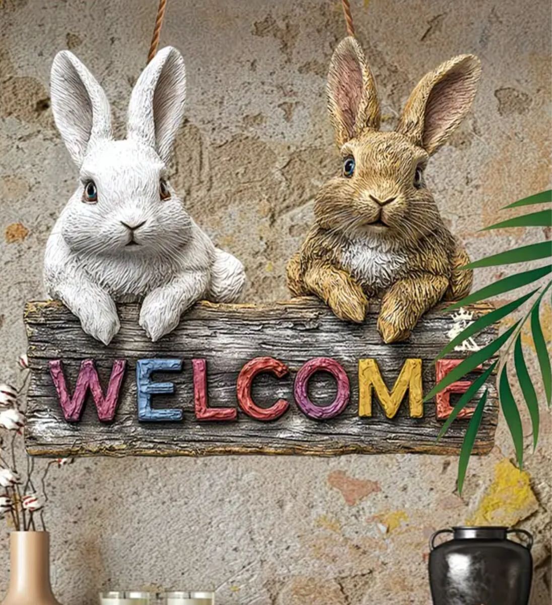 ■新品■木製プレート【看板】ガーデンオブジェ【798 welcome うさぎ】犬　インテリア　ガーデニング　雑貨　オーナメント