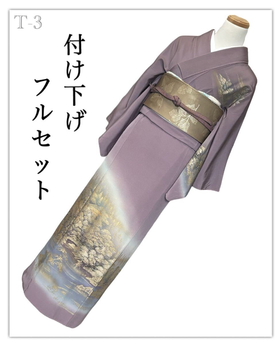 T-3◆着物 付け下げ 訪問着 フルセット◆金彩 正絹 拾◆4点セット◆結婚式 入学式 卒業式 お宮参り◆袋帯 帯揚げ 帯締め◆