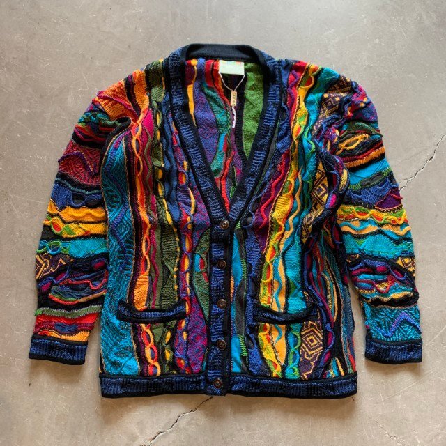 【M】美品 90s オーストラリア製 COOGI コットン 3Dニット カーディガン 総柄■ビンテージ 古着 クージー 立体セーター