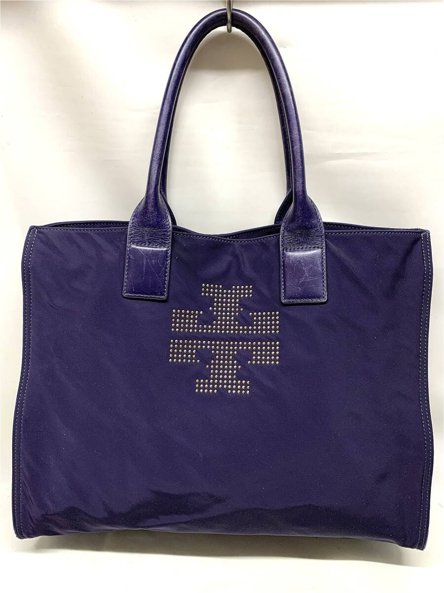 良品 トリーバーチ Tory Burch スタッズ付きトートバッグ ナイロン×レザー　パープル系 12時間以内に発送