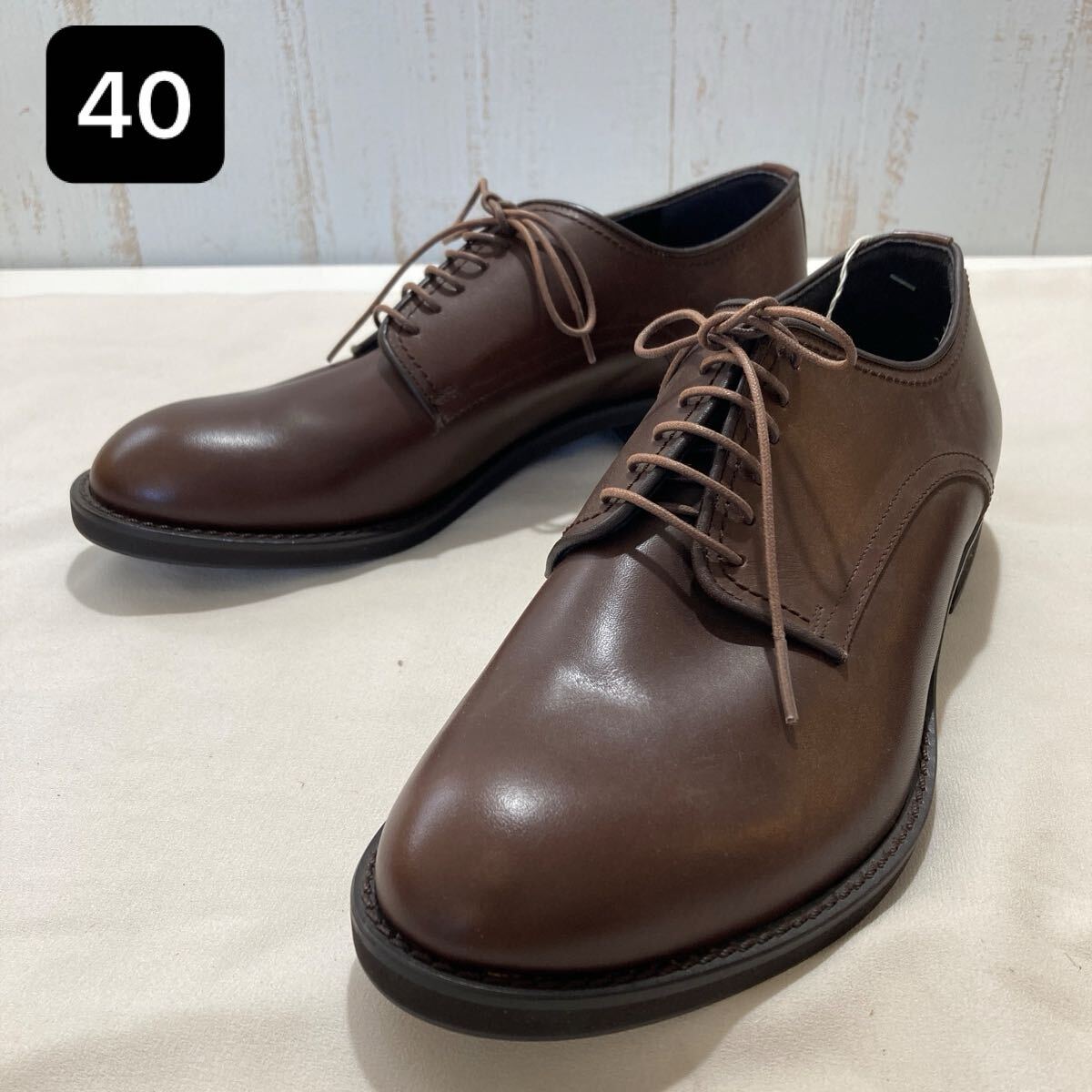 92 革靴 プレーントゥ 革 本革 レザー 茶 焦茶 ブラウン ダークブラウン 24.5cm？ アウトソール長約29cm