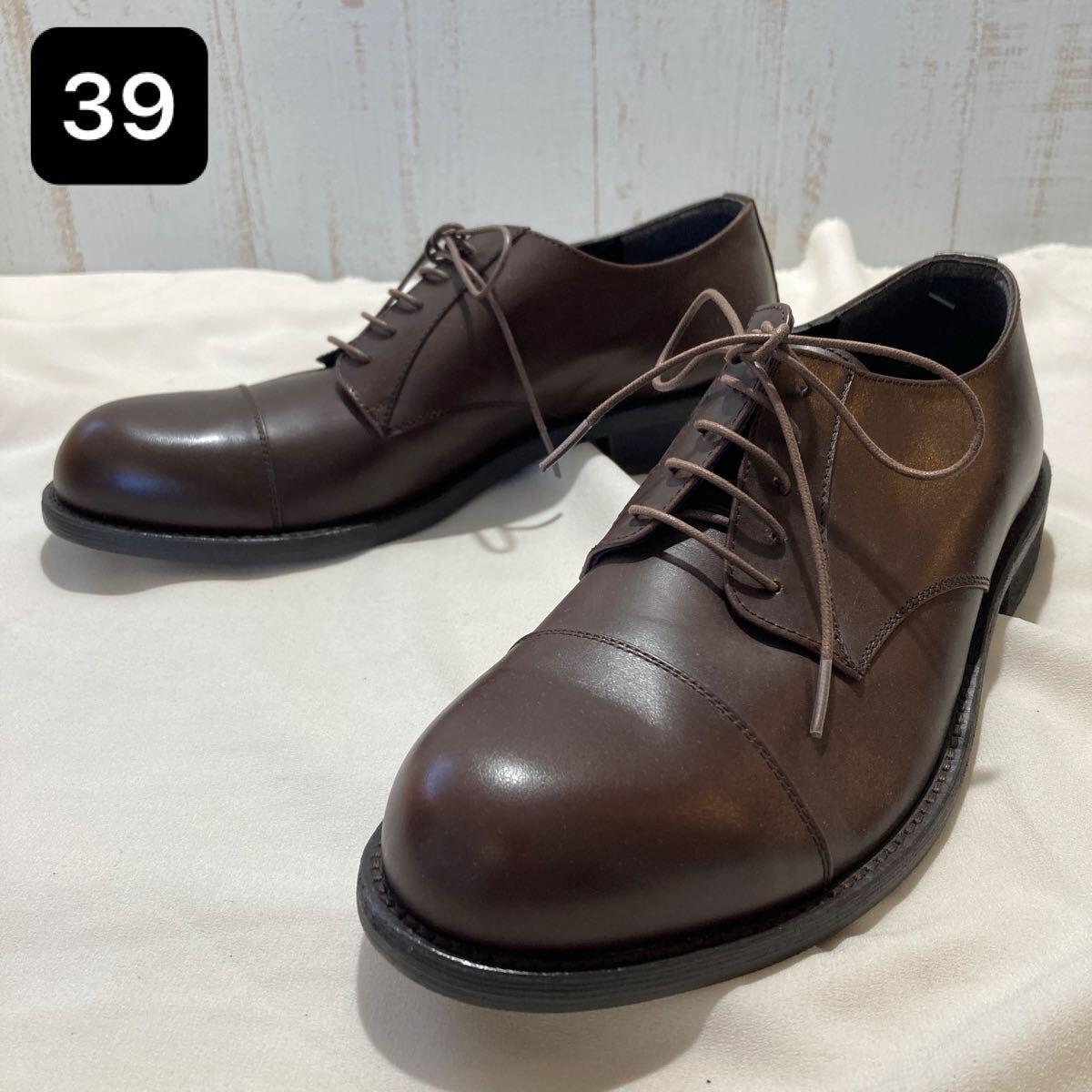 102 革靴 ストレートチップ 外羽根式 革 本革 レザー 茶 ブラウン ダークブラウン 24.5cm? アウトソール長約29.5cm