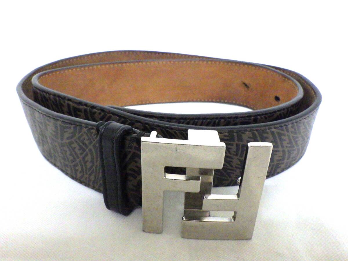 172H504B♪フェンディ FENDI FFスクエア ベルト 95/38 レザー ブラウン シルバー金具 メンズ 中古