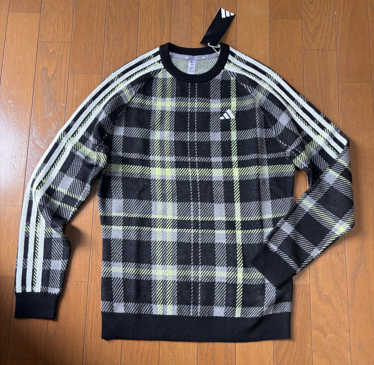 即決★アディダス　adidas　長袖セーター　タータンチェック　黒　Mサイズ　新品　14,300円　スリーストライプ　JJ4436　ゴルフ