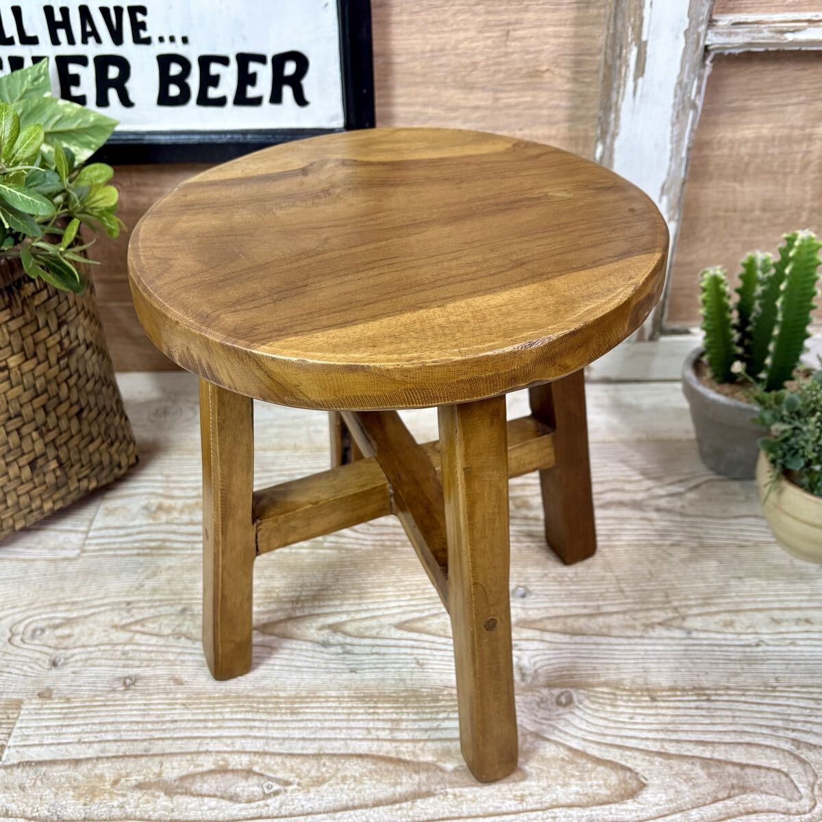 送料無料オールドチーク天然無垢材ウッド丸スツールS、椅子チェア、ナチュラルウッド天然木、木製花台、飾り台、木目、男前インテリア