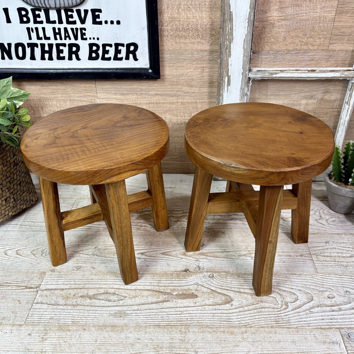 送料無料オールドチーク天然無垢材ウッド丸スツールS二脚セット、椅子、ナチュラルウッド天然木、木製花台、飾り台、木目、男前インテリア