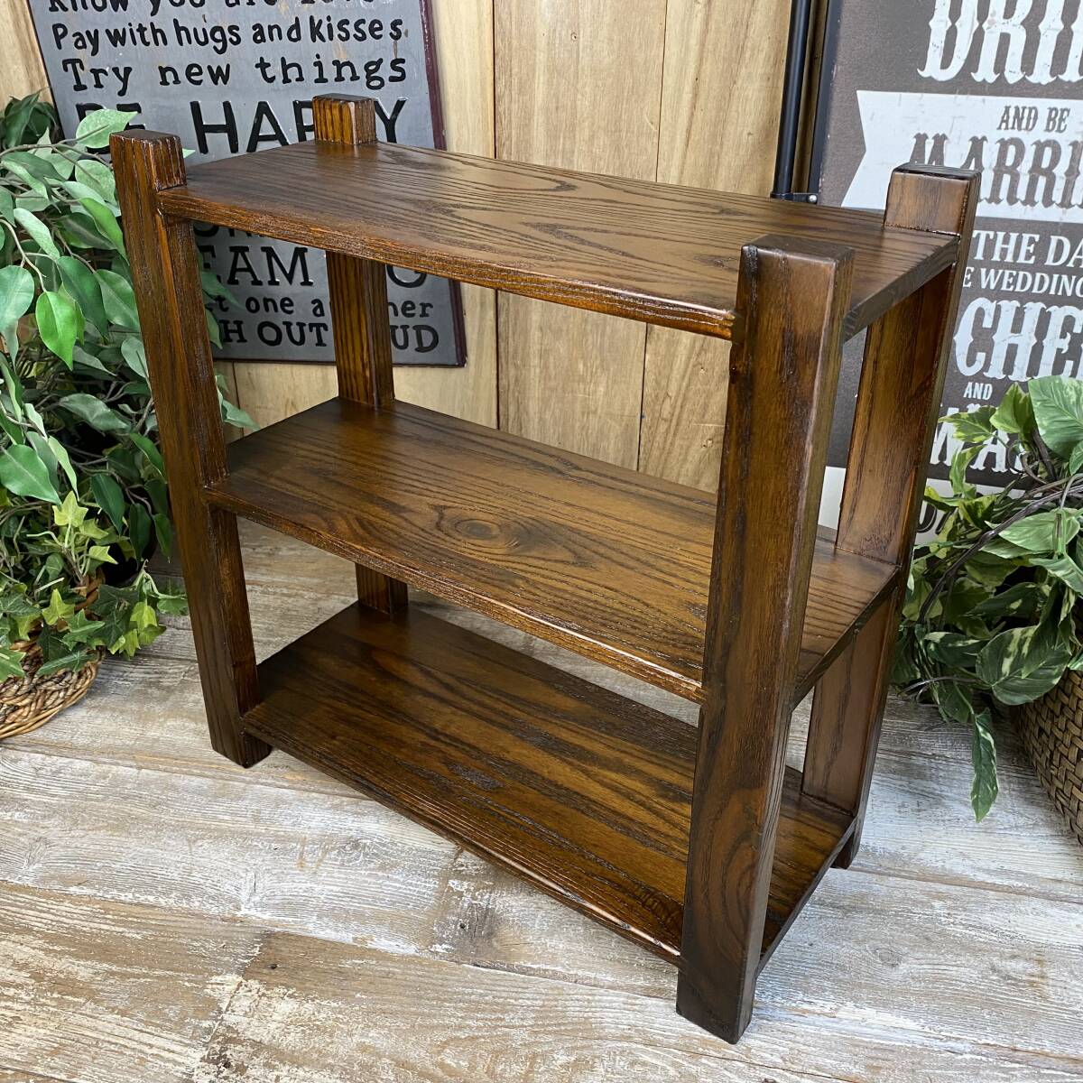 アジアンエスニック天然木マルチラック三段(50㎝×52㎝)、木製飾り棚、ラックシェルフ、オープンシェルフ、置台キッチン収納、原木無垢