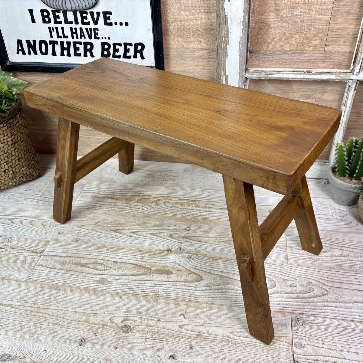 送料無料オールドチーク天然無垢材ベンチS(60㎝)木製一枚板、スツール椅子ナチュラルウッド花台、置台飾り台、長椅子ベンチ、一枚板