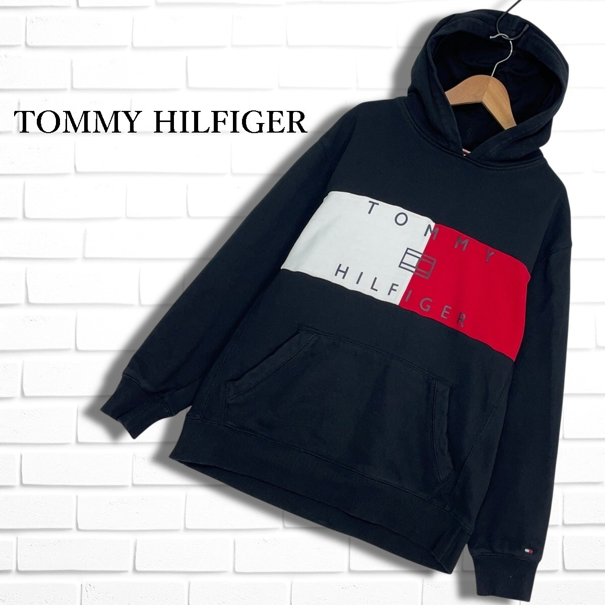 ◆良品◆ TOMMY HILFIGER トミーヒルフィガー ロゴ スウェット プルオーバー パーカー 黒 ブラック メンズ M ◆送料無料◆ 2686B□