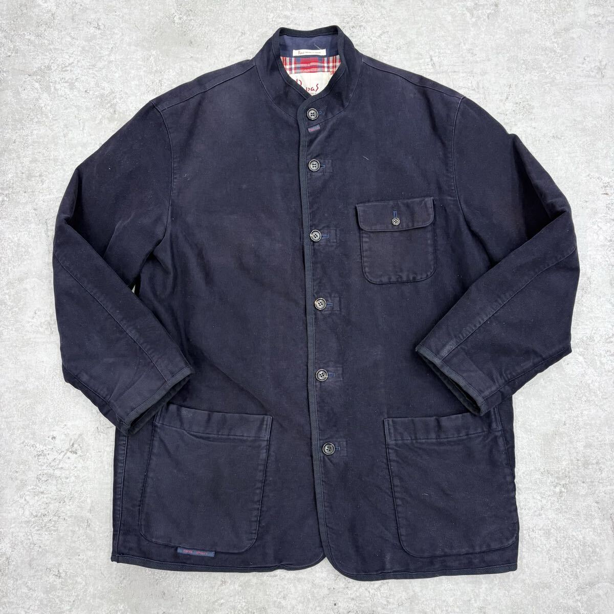 M51〓 Papas パパス カバーオール メンズ サイズL ダークネイビー アウター 上着 中綿ジャケット スタンドカラー 裏地チェック柄 シングル