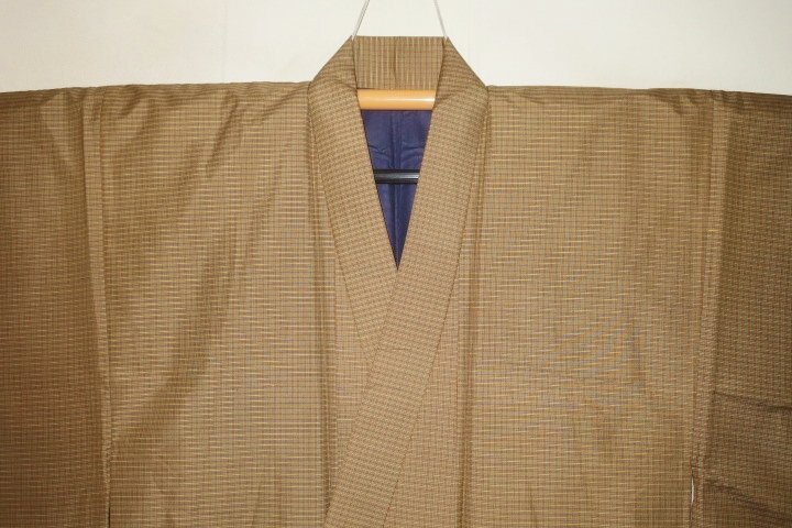 弐11353 本絹京八丈紬男着物 裄65丈133Кウコン色八丈格子縞 カッコイイ着物だけシリーズ