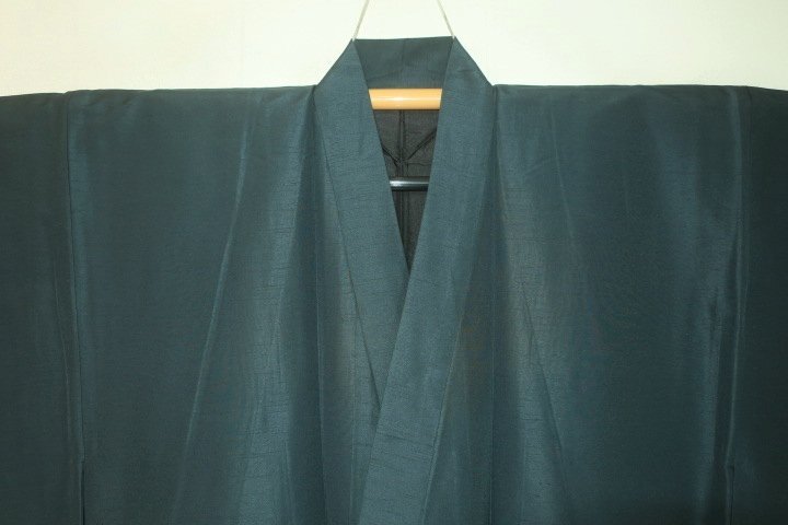 弐11169RM シルク化繊丹後縮緬お召調 男着物袷 裄72丈145К青緑お納戸色・無地感 新品 茶人好み