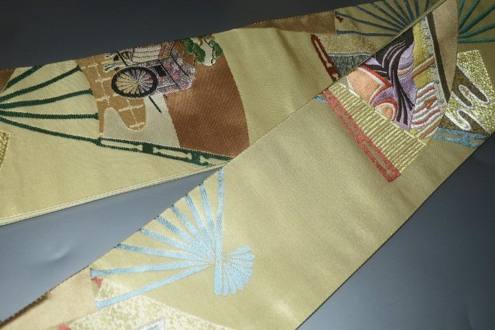弐11391RM 男角帯 本絹西陣錦織 К沈金色地金襴・御所解き扇面平安絵巻文様 新品 金属糸使用 別誂え