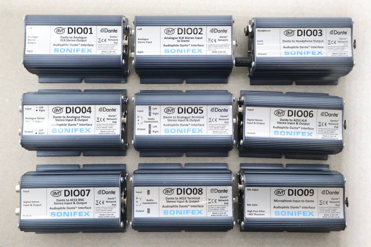 A2923 P 9台セット SONIFEX AVN-DIO01～DIO09 Dante対応 オーディオIF IO BOX XLR/AES3/マイク/HP出力 PoE対応 英国製
