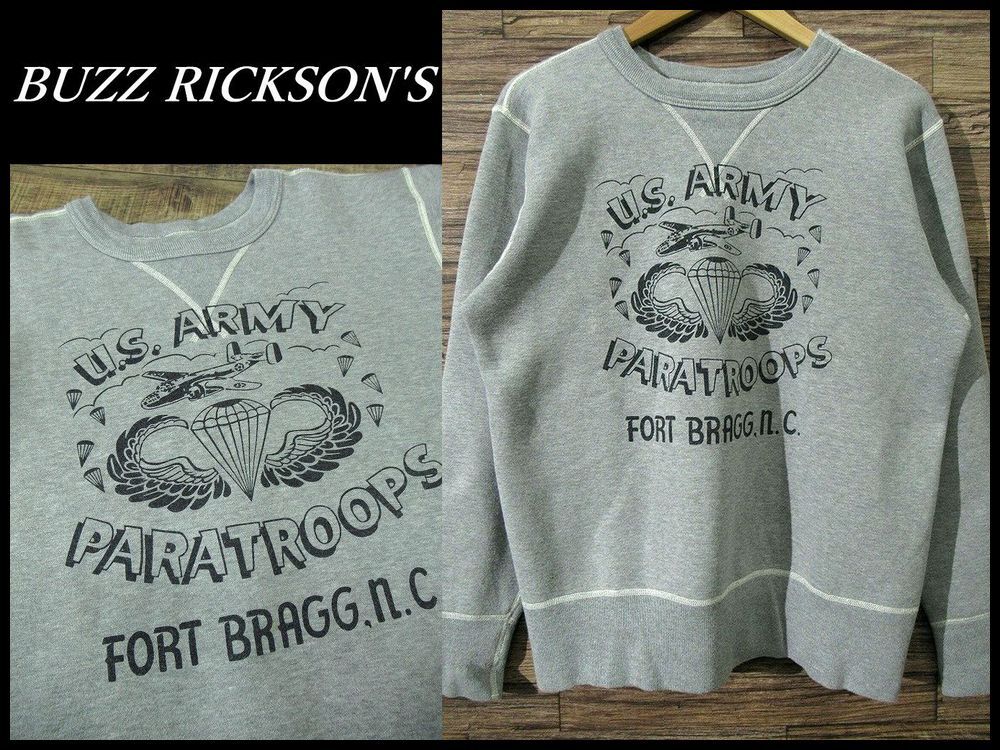 送無 Buzz Rickson's バズリクソンズ BR64211 U.S.ARMY PARATROOPS 染み込みプリント セットインスリーブ ミリタリー スウェット 杢グレー