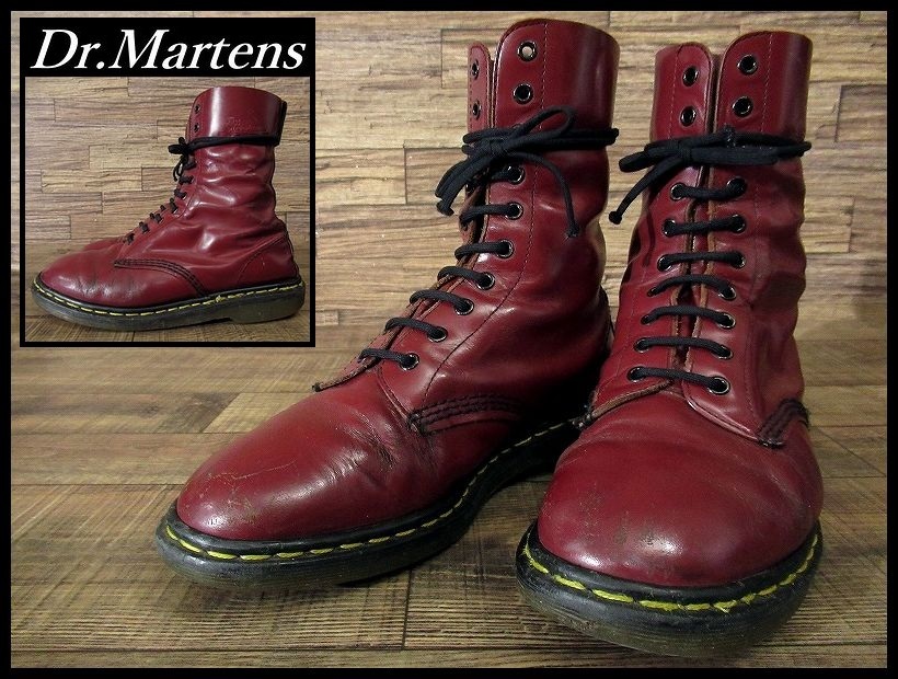 送無 希少 雰囲気抜群 英国製 イングランド製 Dr.Martens ドクターマーチン 10ホール レザー レースアップ ブーツ チェリーレッド UK8～UK9