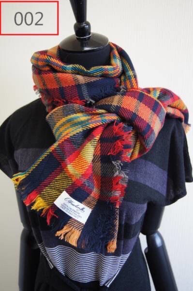 カシミア100％英国”チェック”黄赤紺〇*:..azu00c