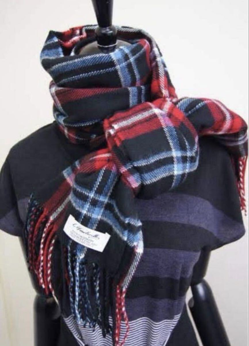 カシミア100％英国”ストール”タータン紺赤白ラ〇*:..azu00c