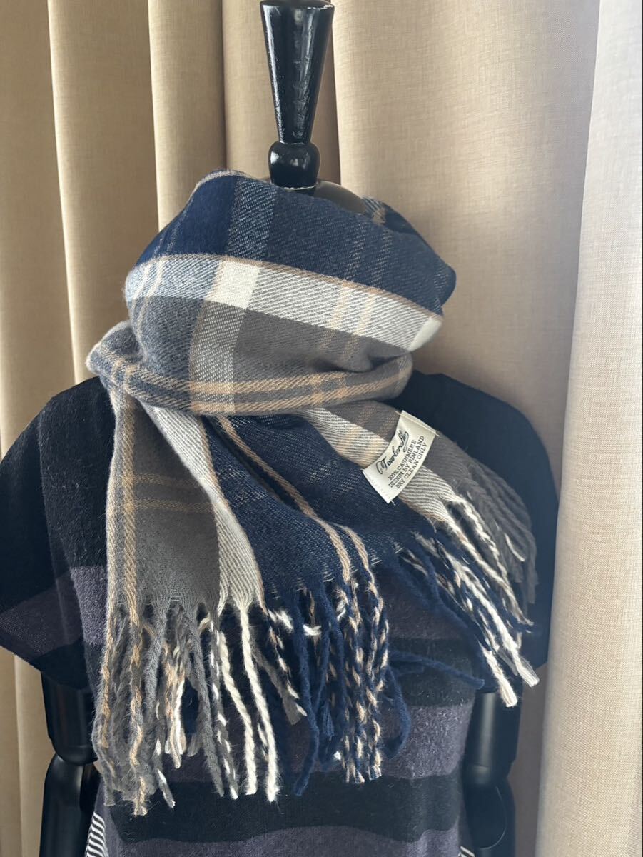 カシミア100％英国”ストール”26Madras紺グレーキャメルライン〇*:..azu00men