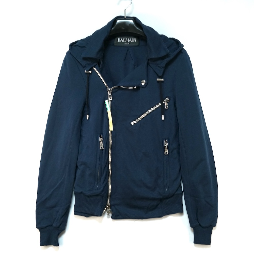アーカイブ BALMAIN バルマン ダブルライダースジャケット ジップアップスウェット フーディー パーカー ネイビー コットン XS S5HJ846C492