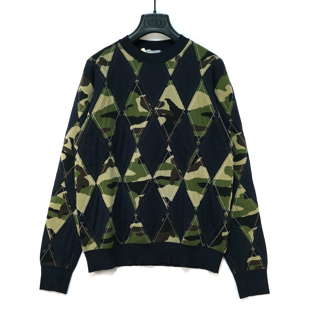 DIOR HOMME ディオールオム カモフラージュ ダイヤモンドニット アーガイルニット クルーネック コットン ウール Sサイズ 663M656ZT726