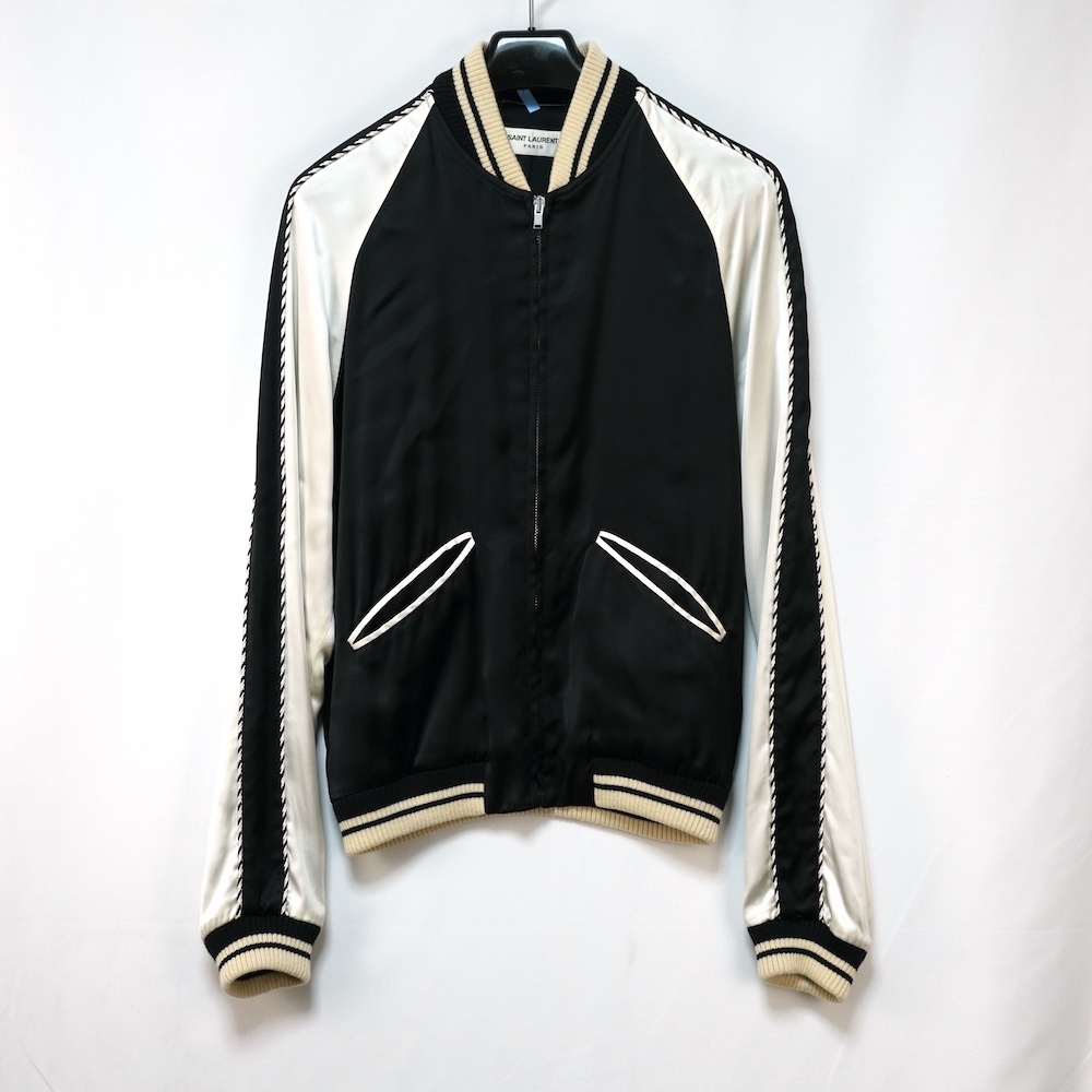 2014SS SAINT LAURENT PARIS サンローランパリ テディジャケット サテン スカジャン ブラック ホワイト 42サイズ 345802 YM61U